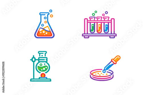 A set of four colorful laboratory equipment icons featuring an Erlenmeyer flask, test tubes in a rack, a heated round-bottom flask, and a petri dish with a pipette on a black background.