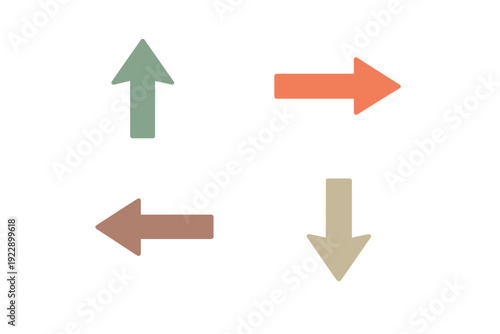 Four colorful arrows pointing in different directions are arranged in a clockwise pattern against a solid black background. The arrows are green, orange, beige, and brown.