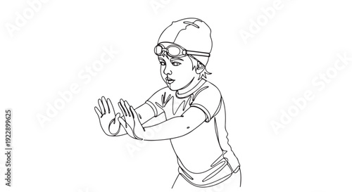Child wearing swimming goggles and cap, hands raised in a defensive posture, illustration on a white background