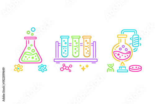 Vibrant neon icons of laboratory glassware including an Erlenmeyer flask, test tubes, and a boiling flask with scientific symbols like atoms and DNA on a black backdrop.