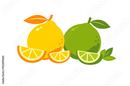 This flat design illustration shows a whole yellow lemon and a green lime with green leaves, along with citrus fruit slices, all set against a plain black background.