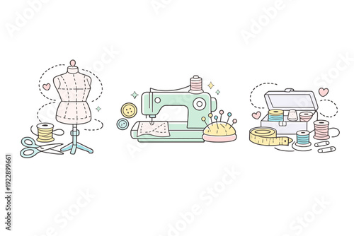 Three pastel vector illustrations of sewing equipment including a mannequin, sewing machine, and a craft box with tools, set against a solid black background.