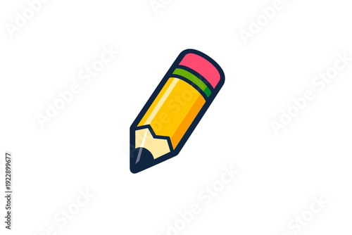 This flat vector illustration features a thick yellow pencil with a pink eraser and green ferrule. The sharpened pencil is positioned diagonally on a plain black background.