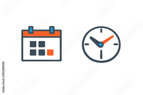 A minimalist flat illustration featuring a dark grey calendar with orange accents and a matching round clock icon, both set against a solid black background for high contrast.