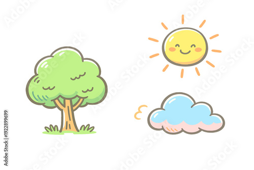 A cute cartoon illustration featuring a green tree with grass, a smiling yellow sun with rays, and a soft blue cloud, all set against a solid black background in a kawaii style.