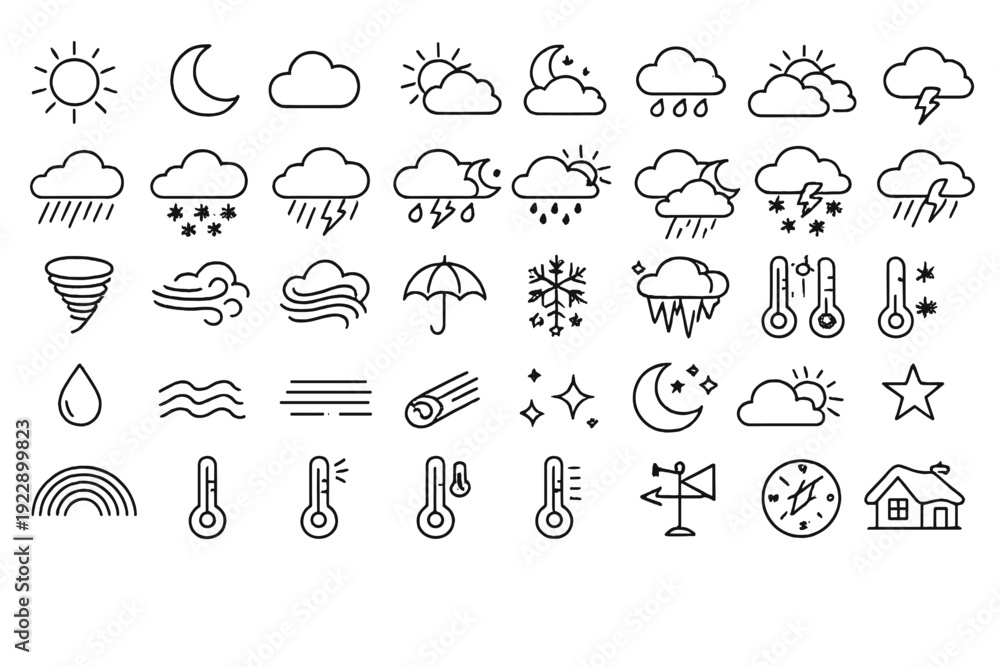 Fototapeta premium A collection of forty minimalist weather icons featuring sun, moon, clouds, rain, snow, and lightning. These white line art symbols are presented on a solid black background for clarity.