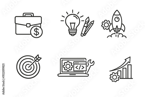 A collection of six minimalist line icons representing business concepts like finance, creativity, startup growth, target goals, web development, and data analysis on a black background.