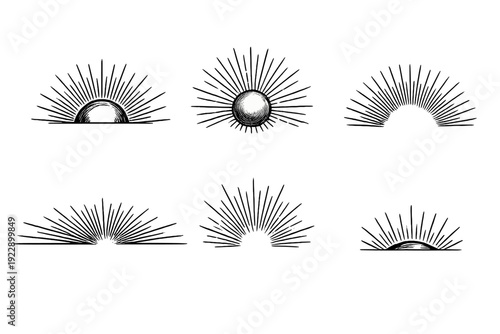 A collection of six vintage-style sunburst illustrations in black and white. Each design features a sun or celestial body with radiating rays, resembling an antique woodcut or engraving.