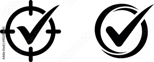 Check mark black icon set with target and circle symbols vector illustration isolated on transparent background