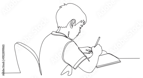Young boy diligently focused on his studies, writing in a notebook with a pencil, illustrating concentration and the act of learning