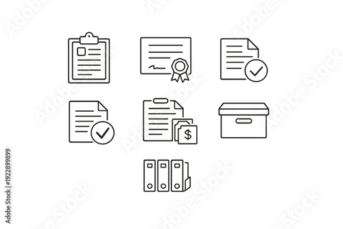Seven minimalist white line icons on a black background depicting various office and administrative elements like documents, certificates, checklists, storage boxes, and binders.