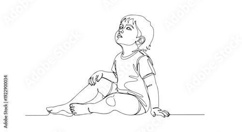 Minimalist continuous line art drawing of a curious baby or toddler sitting on the floor, looking upwards with an innocent expression, perfect for scalable vector graphics