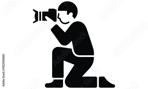 Person kneeling down taking a picture with a professional camera in a simple vector illustration style holding the device with both hands.