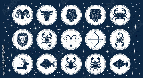 Collection of celestial zodiac signs and astrological symbols vector set featuring mystic animal icons on dark starry night background.