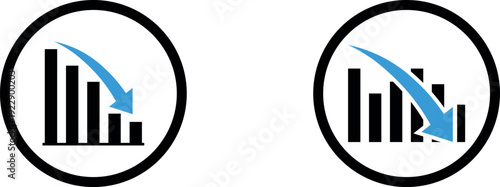 Bar chart black icon set with blue downward arrow showing financial loss isolated on transparent background