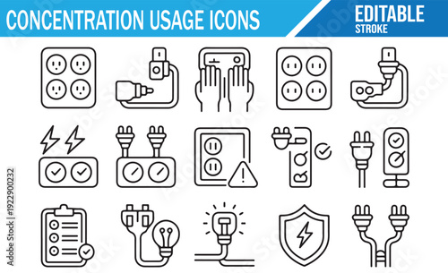 Electricity and power usage line icon set with editable stroke.