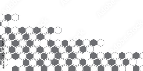 Black and whitte hexagon, honeycomb design element shapes pattern background. Simple poster, theme desktop or brochure