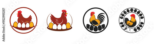 Set of four charming circular logos featuring cartoon-style chickens and eggs, representing farm freshness and organic poultry products.