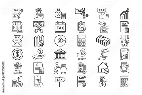 Comprehensive bundle of outline vector icons featuring business financial tax reporting accounting and corporate payment concepts