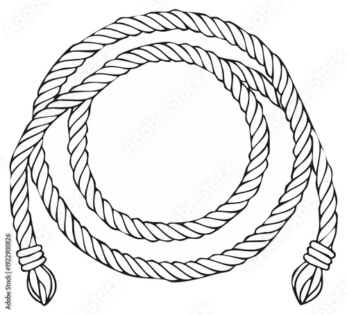 Hand Drawn Illustration of a Thick Twisted Rope Curled into a Circle with Tassels on Each End