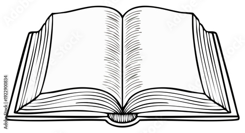 Open antique book with blank pages and textured lines, hand-drawn sketch illustration