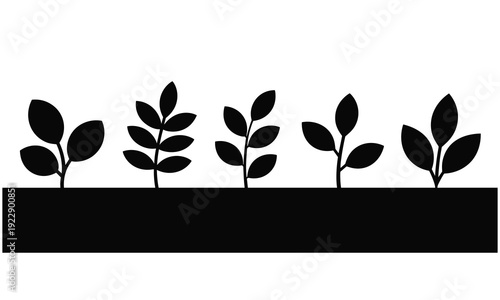 Simple black and white illustration of five seedlings growing in a row in soil symbolizing growth and development perfectly.