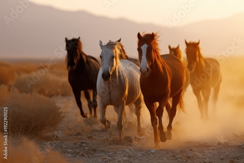 Wild horses running in desert at sunset with dust clouds