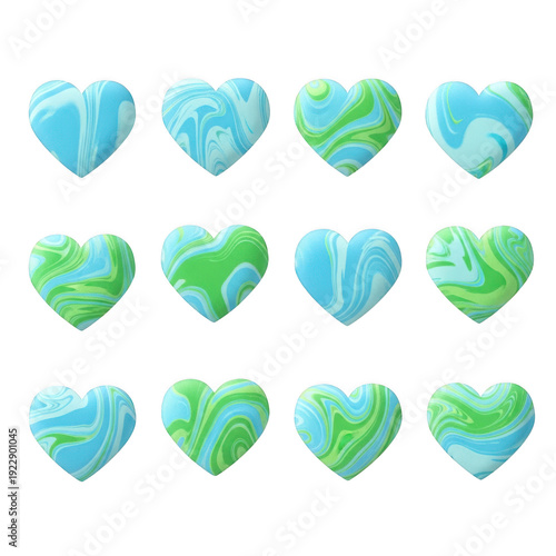 A collection of blue and green hearts on a white background