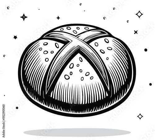 Artistic bread roll illustration with cross pattern and dotted texture