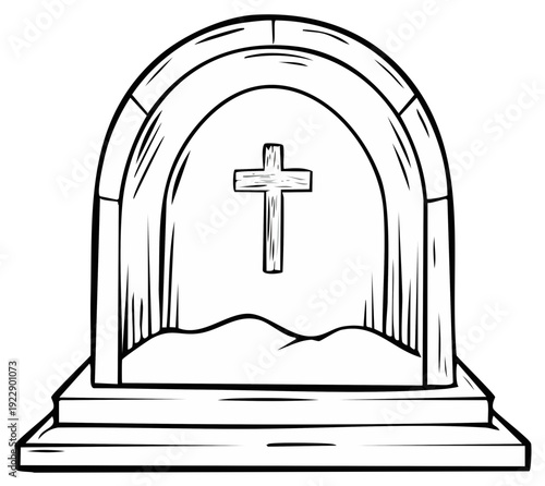 Simple Line Drawing of a Tombstone with a Cross Depicting Religion or Memorial