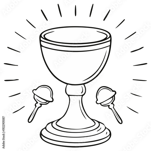 Holy communion illustration of chalice and wafers in outline style with radiant light, ideal for religious or spiritual concepts