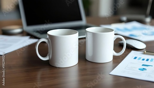 Two Clean White Ceramic Mugs Sit Neatly on a Rich Wooden Office Desk, Positioned Next to a Laptop With a Dark Screen and Various Business Documents, Suggesting a Productive Daytime Work Environment