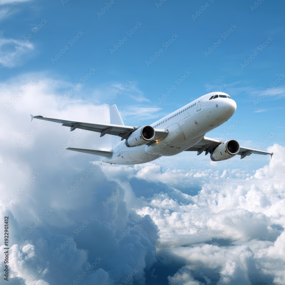 Fototapeta premium Commercial airplane soaring through white clouds against a clear blue sky