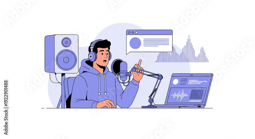 Young man podcasting with microphone and laptop, soundwaves & speaker