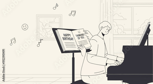 Young Man Playing Piano with Birthday Music Sheet, Happy Birthday Message
