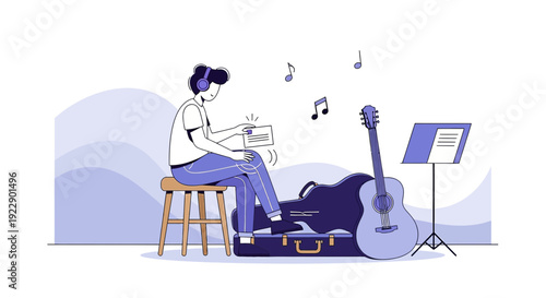 Young Man Practicing Guitar with Headphones, Music Notes Floating