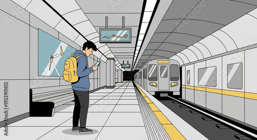 Young man with backpack using smartphone at subway station waiting for train