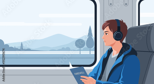 Young man with headphones reading book on train, looking out window at landscape