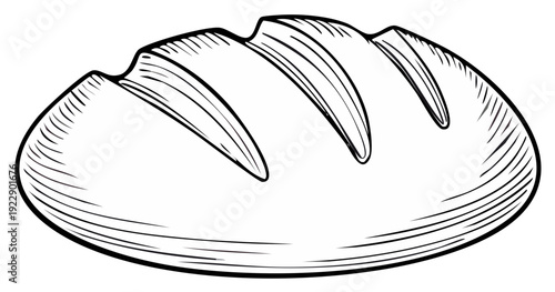 Freshly baked artisan bread loaf, hand-drawn black and white illustration, bakery food concept.