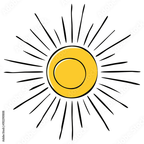 Hand drawn illustration of a bright yellow sun with radiating black lines on a white background
