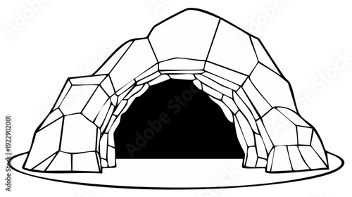 Black and white cartoon illustration of a cave entrance with polygonal shapes