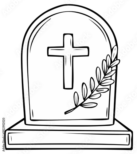 Simple line drawing of a tombstone with a cross and laurel branch a symbol of remembrance