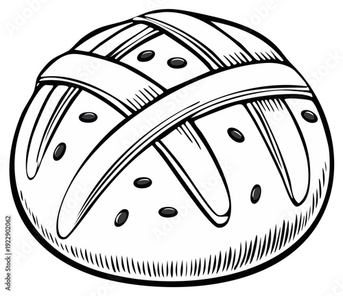 Hand drawn cross bun with dark speckles and a cross scored on top