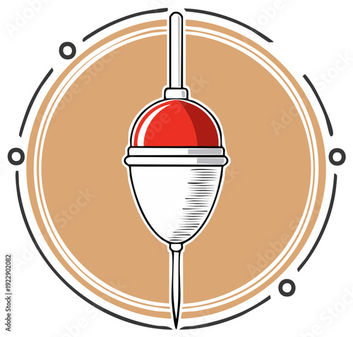 Cartoon fishing bobber on a brown circular background
