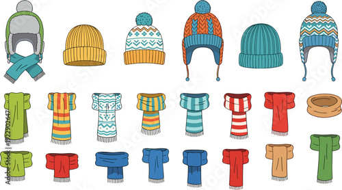 Collection of colorful winter knitted hats with pom poms and warm woolen scarves vector set for cold weather fashion apparel