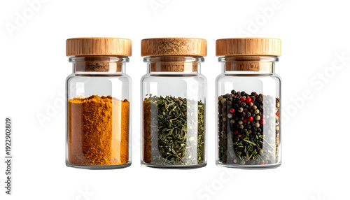 Three glass spice jars with wooden lids, each filled with a different spice