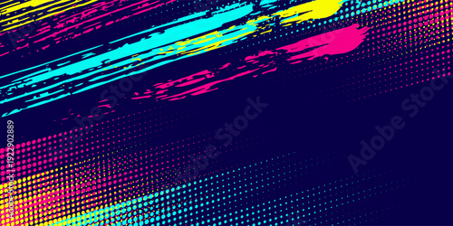 Vibrant urban street background with neon blue, yellow and pink paint splash design. Colorfull background