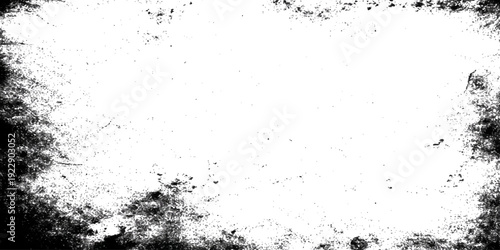 An abstract dark grunge background featuring a black ink splash design with a dirty paint splatter pattern and a weathered vector frame border