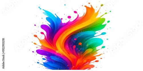 Abstract colorful background featuring artistic ink splashes and a floral swirl pattern with rainbow paint waves and nature elements like orange leaves and spring shapes for a decorative wallpaper des