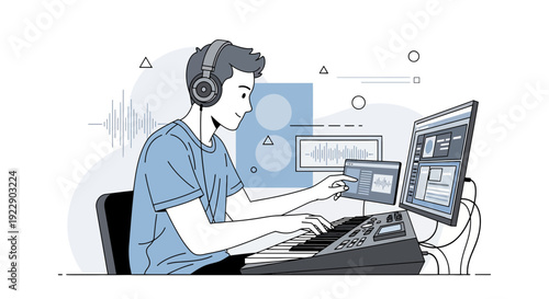 Young Man Creating Music with Synthesizer and Computer